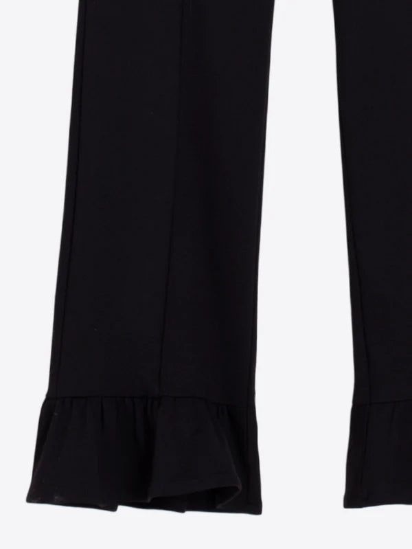 Black straight leg trousers with ruffle at the hem