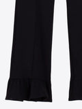 Black straight leg trousers with ruffle at the hem
