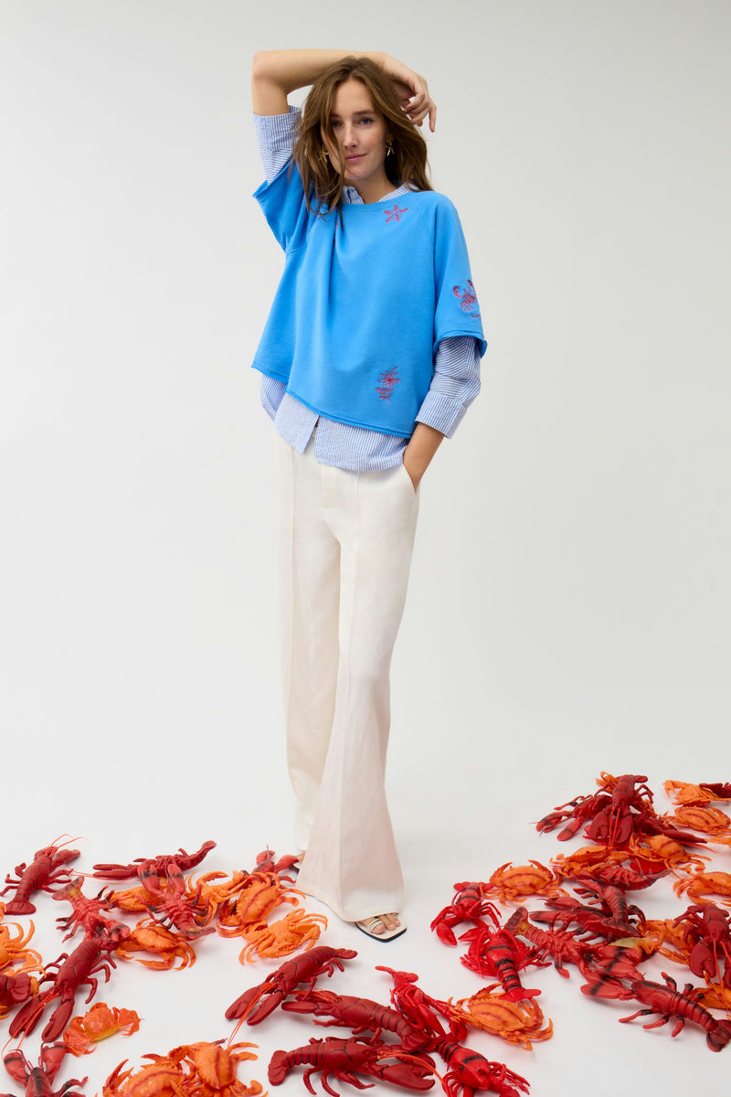 Blue Sweater with Red Embroidered Lobsters
