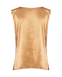 Bronze sleeveless satin top with draped neckline