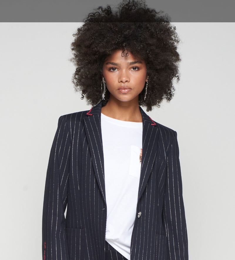 Navy Pinstripe Jacket with Embroidery