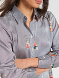 Fine pinstripe shirt in navy and white decorated with hotel inspired pattern