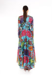Floor length  turquoise dress with all over tropical floral pattern