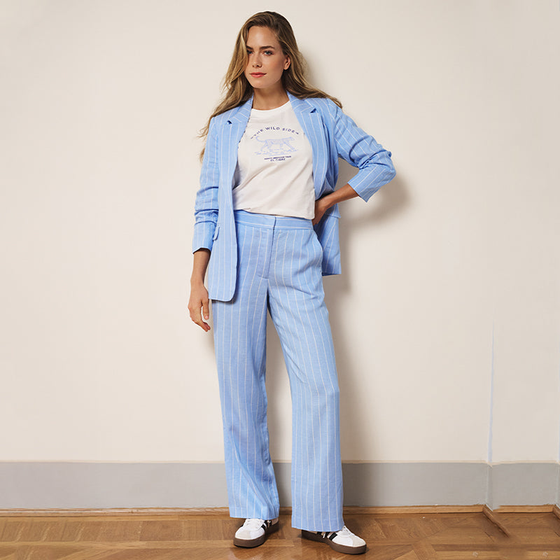 Linen mix trousers in blue with white pinstripe