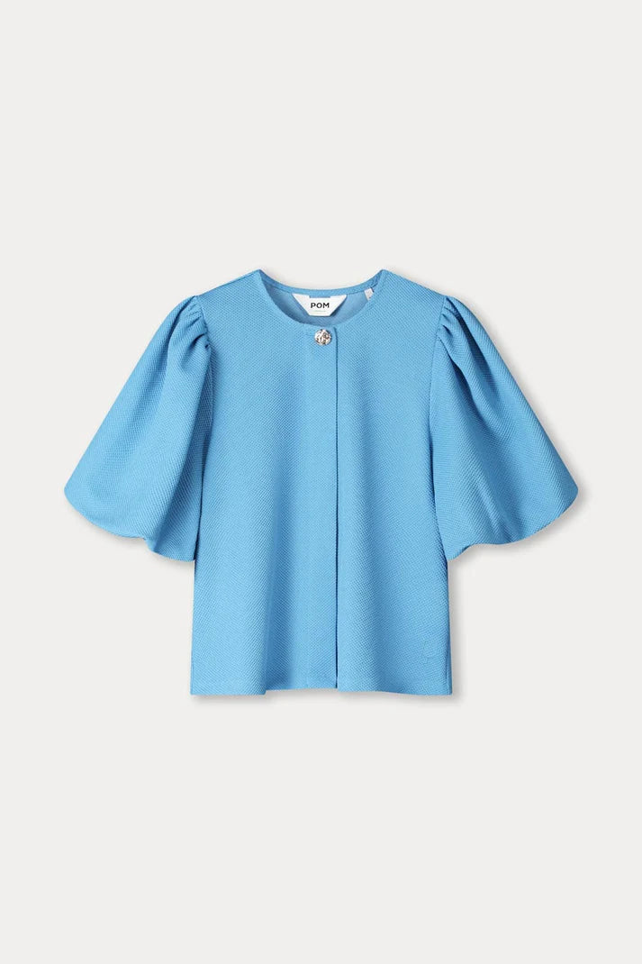 Light blue top with round neck and puff sleeves
