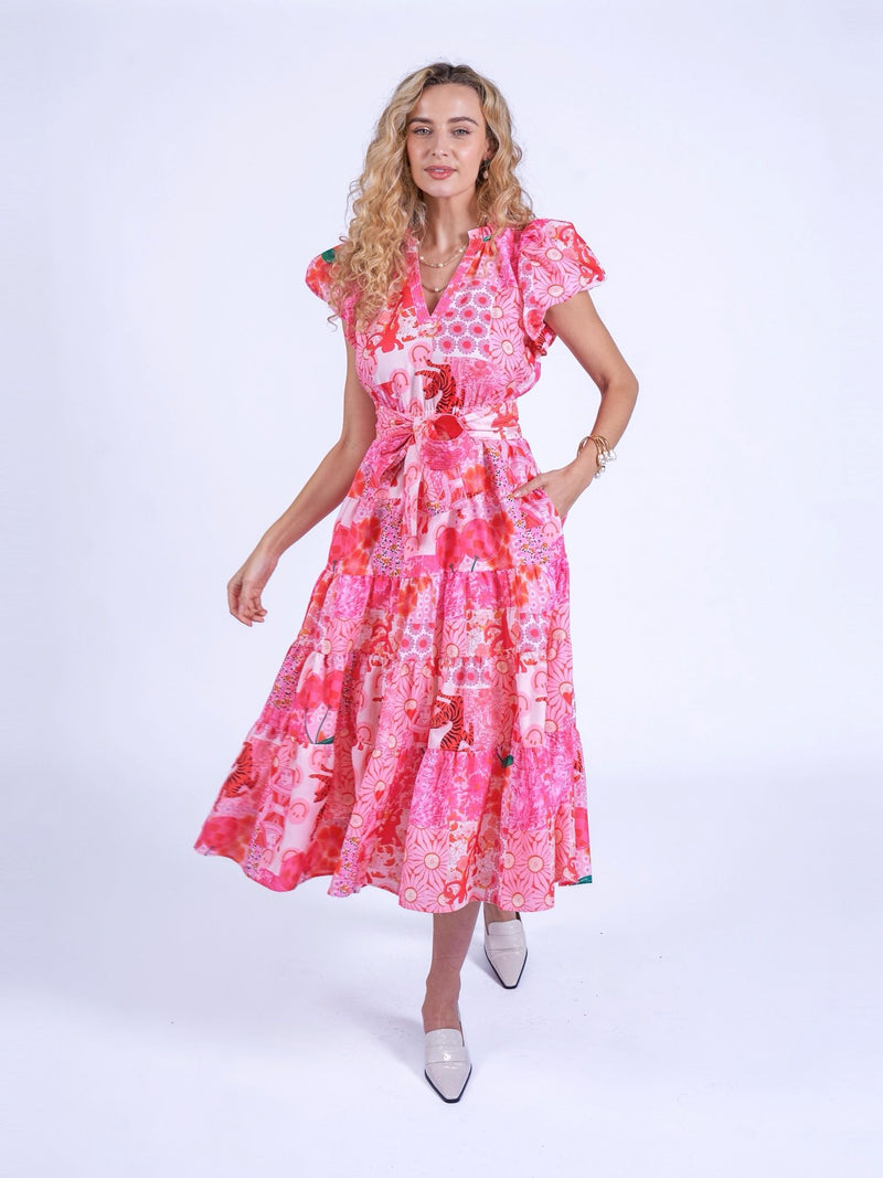 “Nice” dress in pink patch pattern.