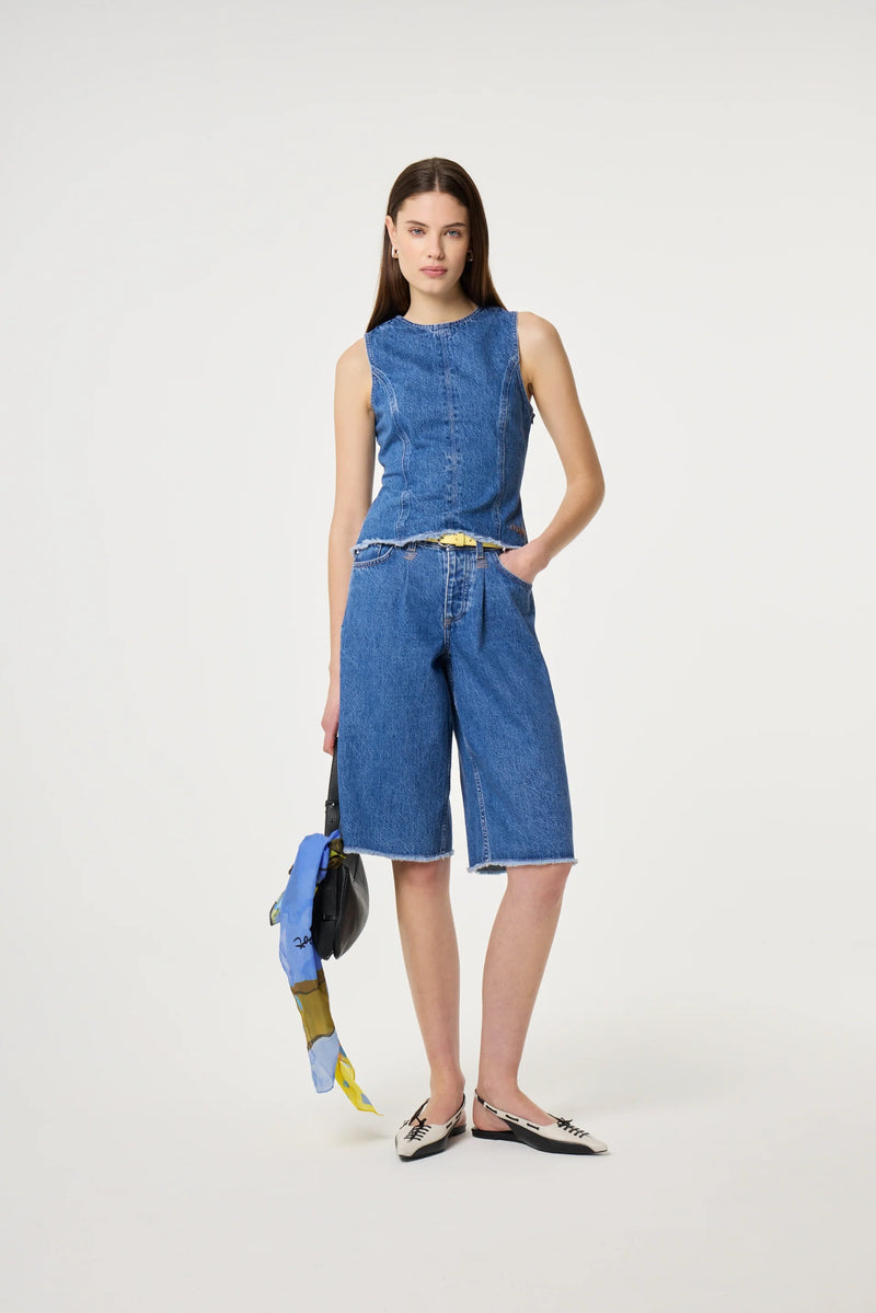 Wide leg knee length denim shorts