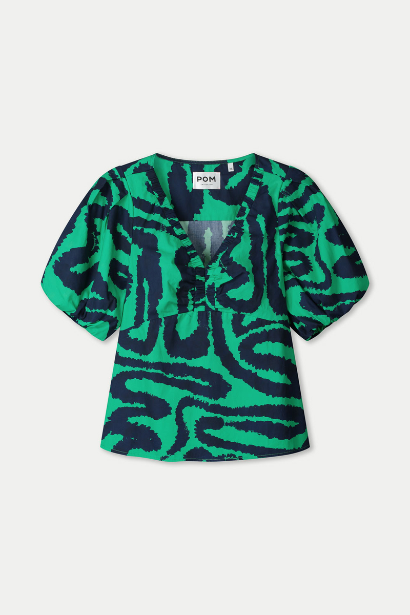 V neck top in green waves pattern