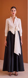 Taffeta belted dress in black and ivory