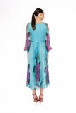 Turquoise Chiffon Dress with Floral Print