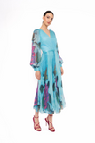 Turquoise Chiffon Dress with Floral Print