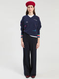 Navy Wool Sweater with Embroidery