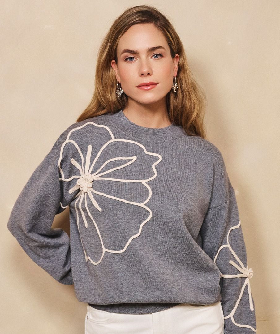 Grey Melange Sweater with Cremam Floral Piping