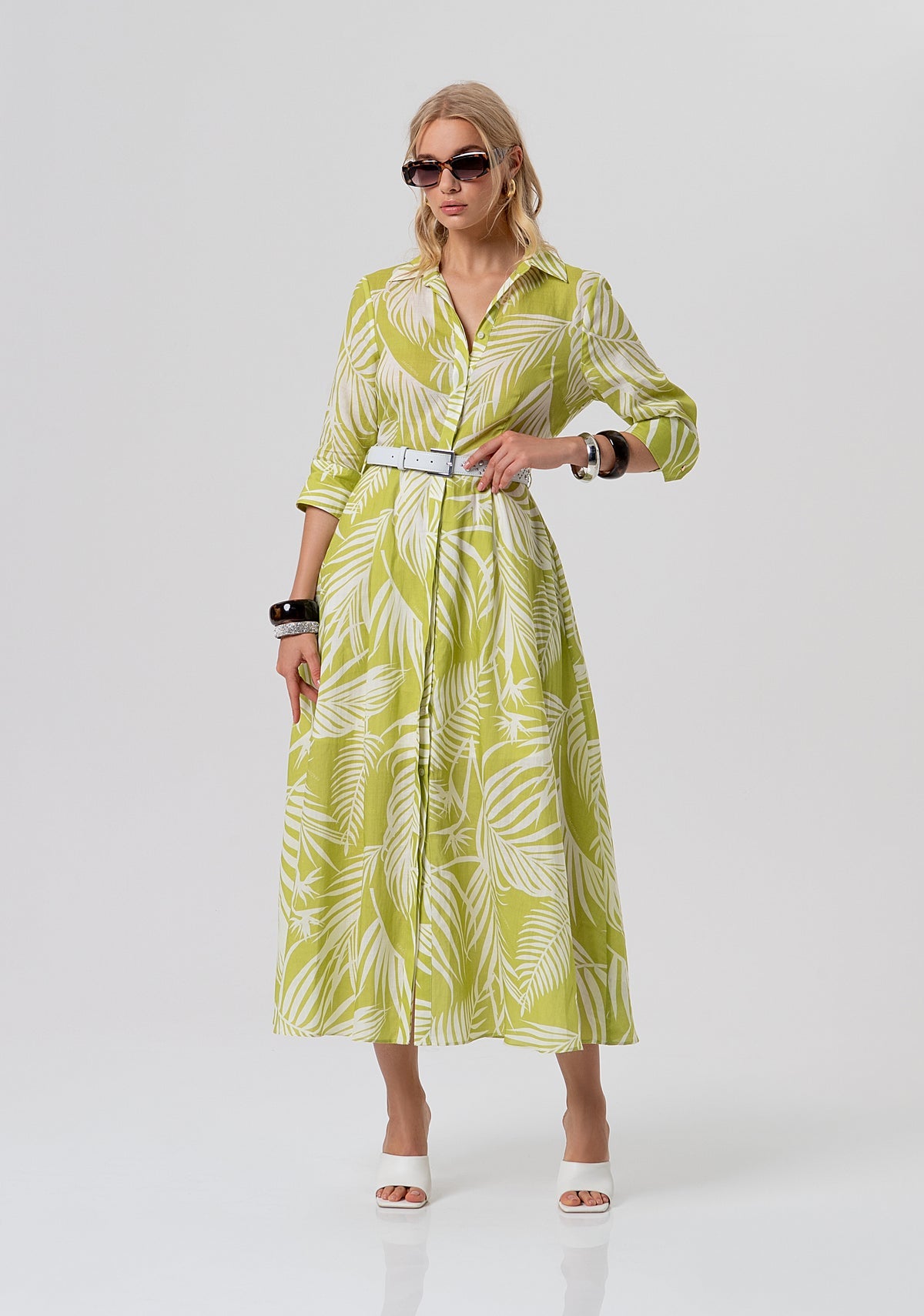 Lime and ivory leaf print dress