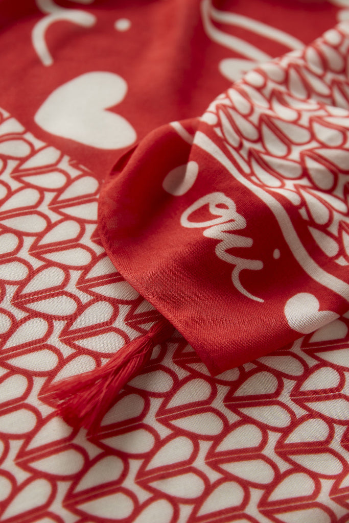 Red and Cream Heart Scarf with Tassles