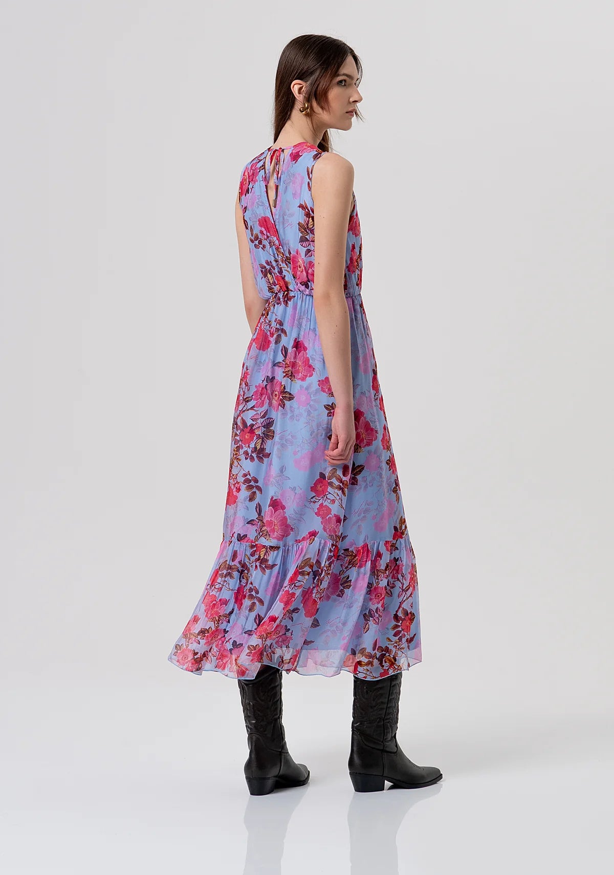 Long tank dress in light blue with cherry blossom pattern