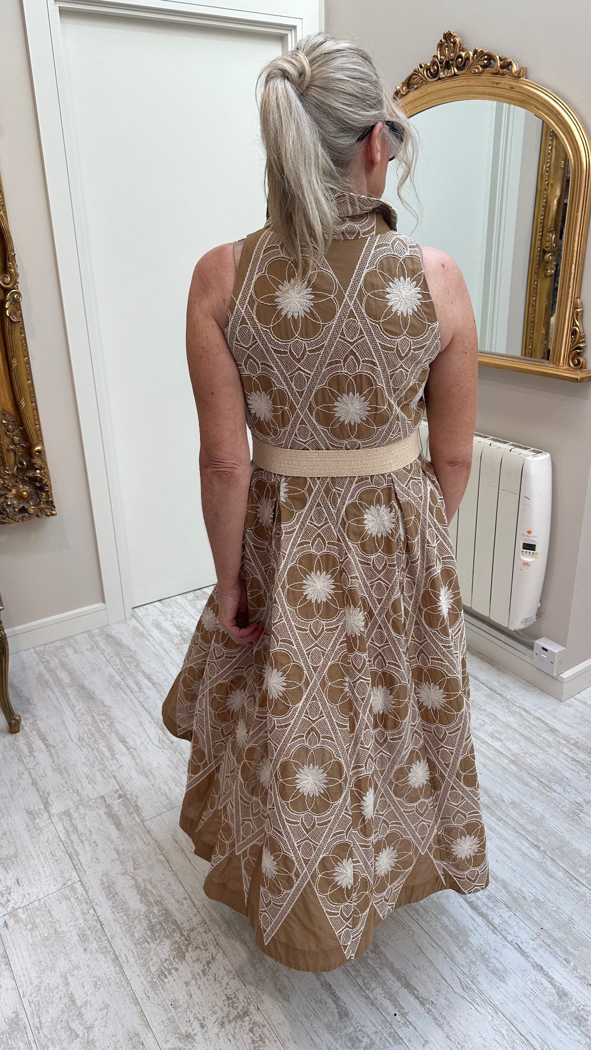 Sleeveless shirt dress in camel with cream embroidery and belt