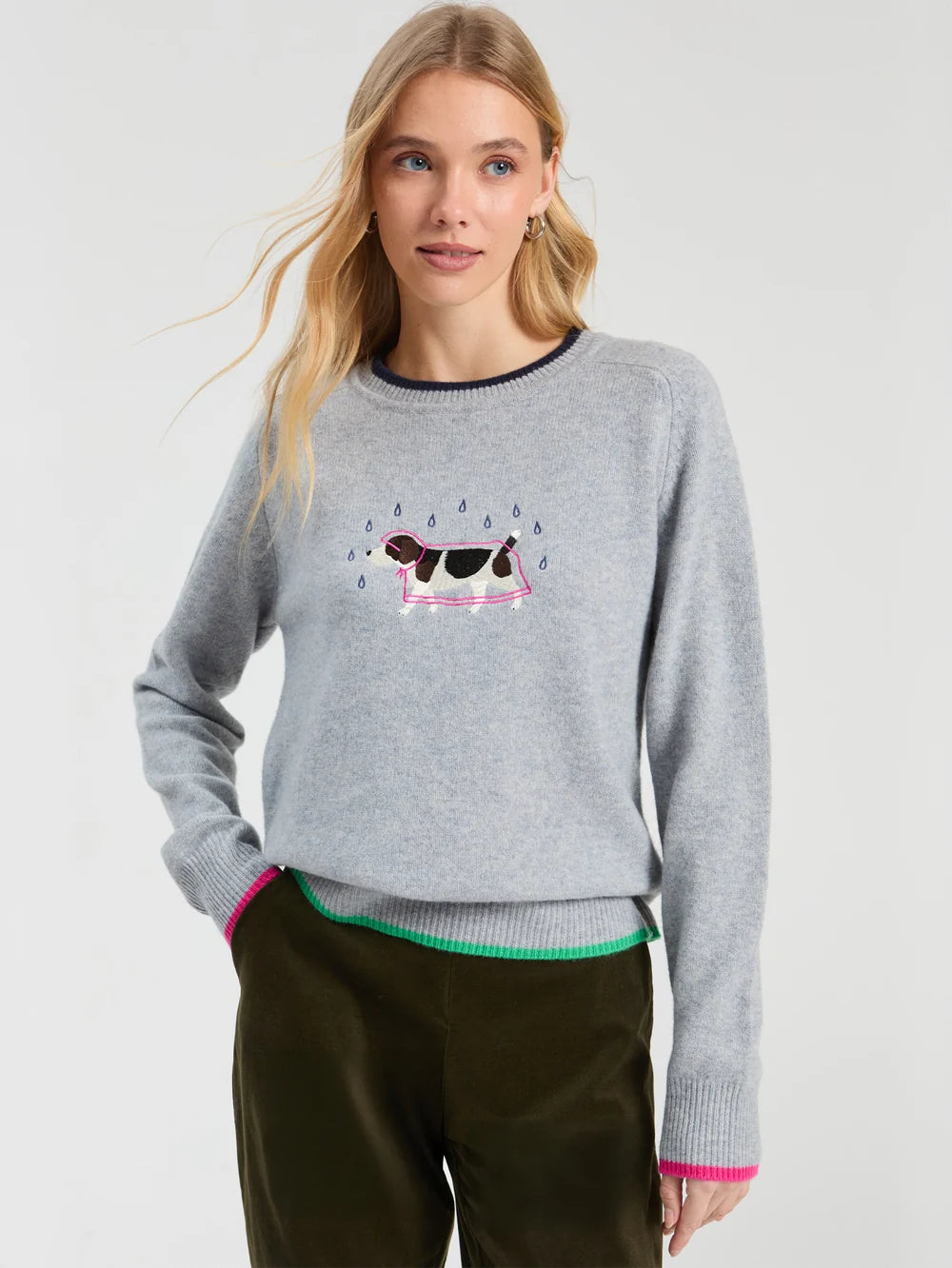Grey Merino Wool Sweater with Embroidered Dog