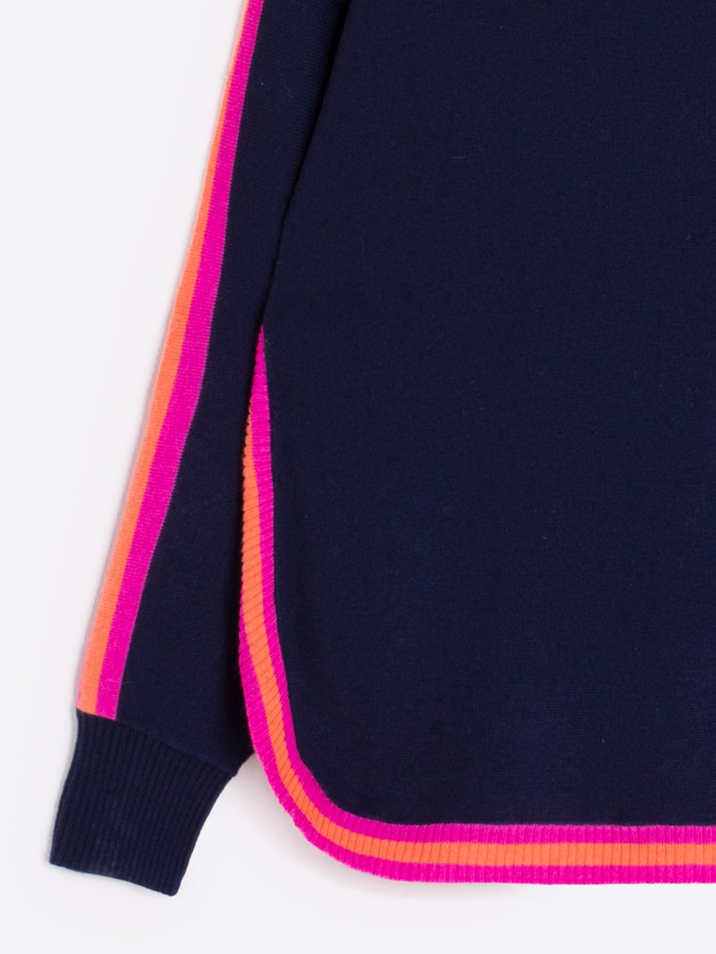Navy Wool Sweater with pink and orange trim