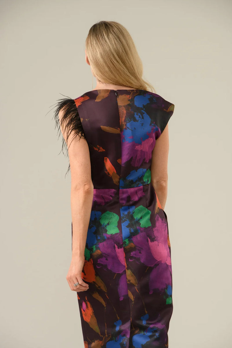 Celine dress in painted flower print with feather detail