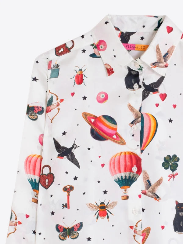 off white shirt with an adventure inspired pattern