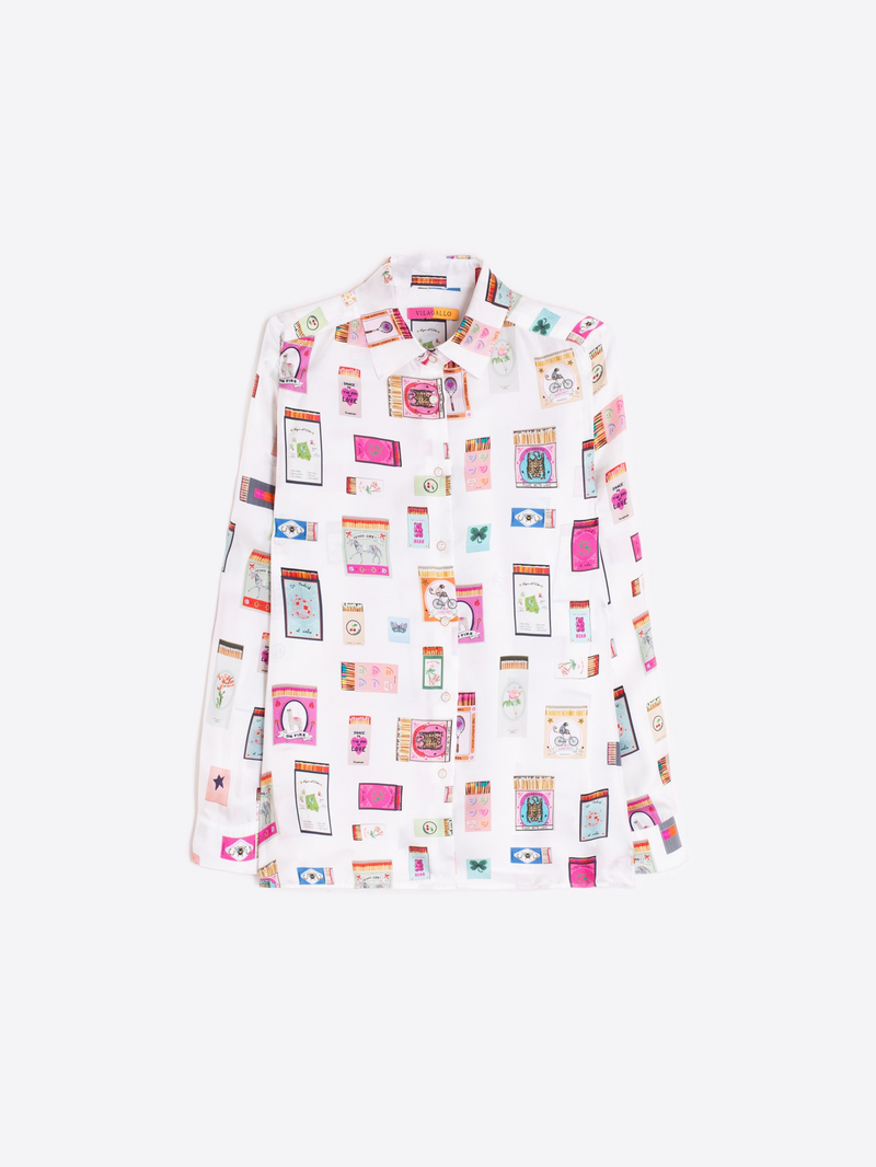 Silk off white shirt with colourful matchbox print