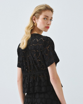Black lace button through top