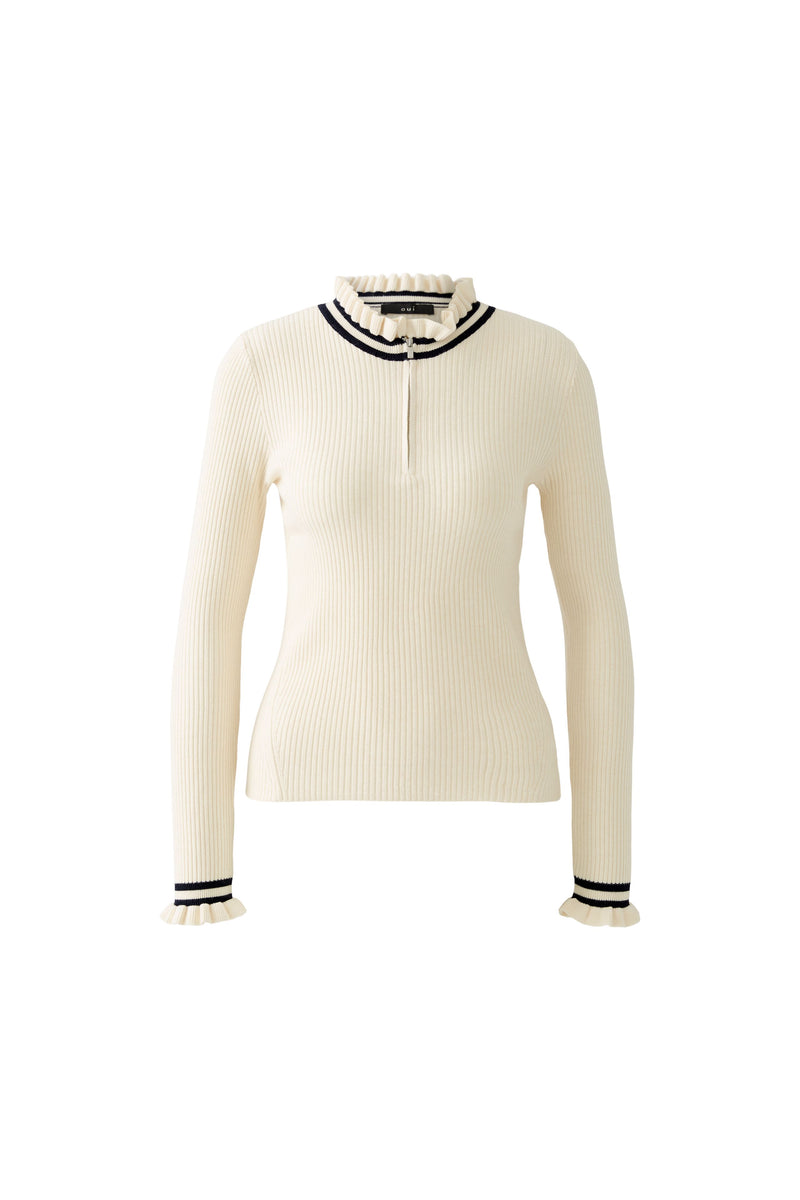 Off White Top with Navy Frills at Neck and Cuffs
