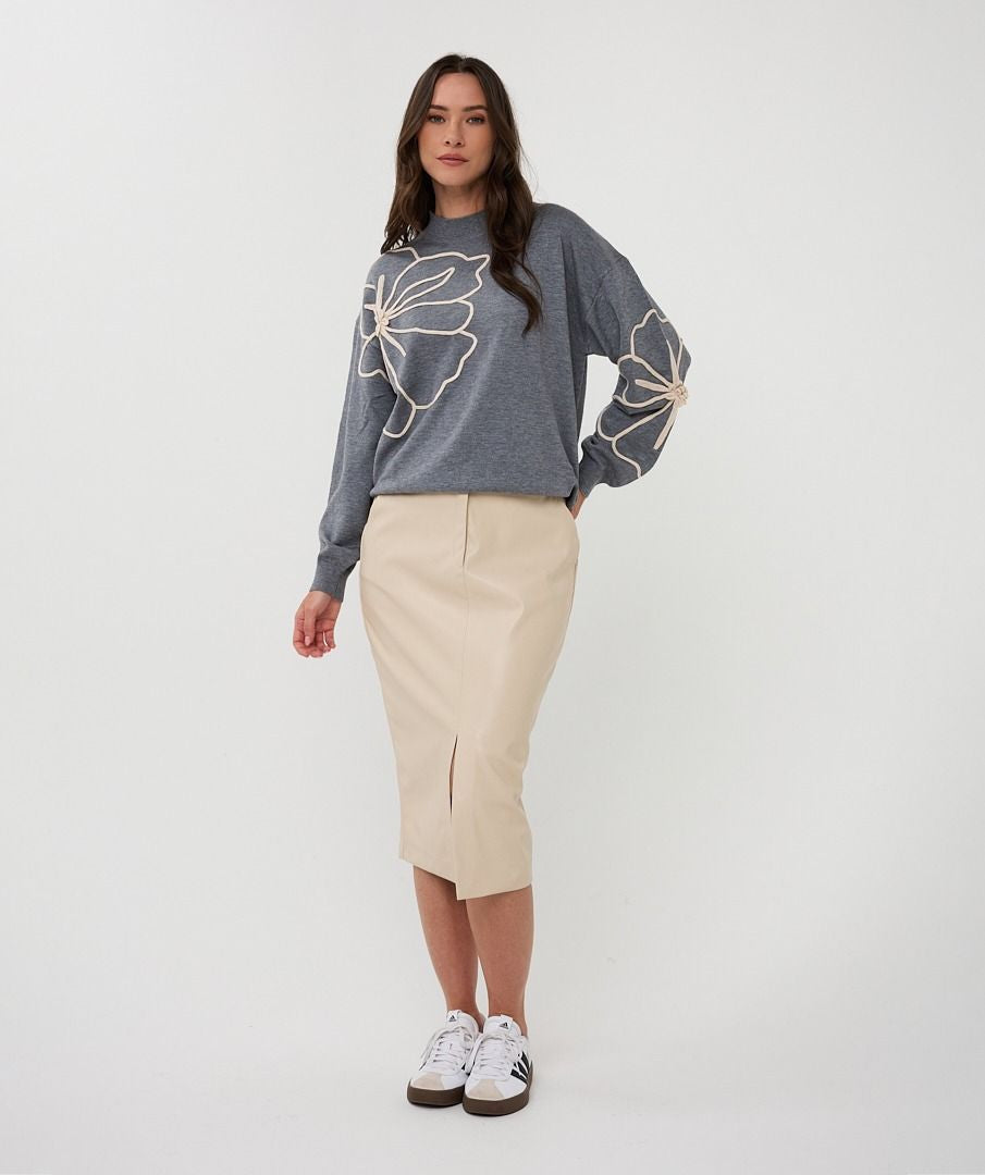 Grey Melange Sweater with Cremam Floral Piping