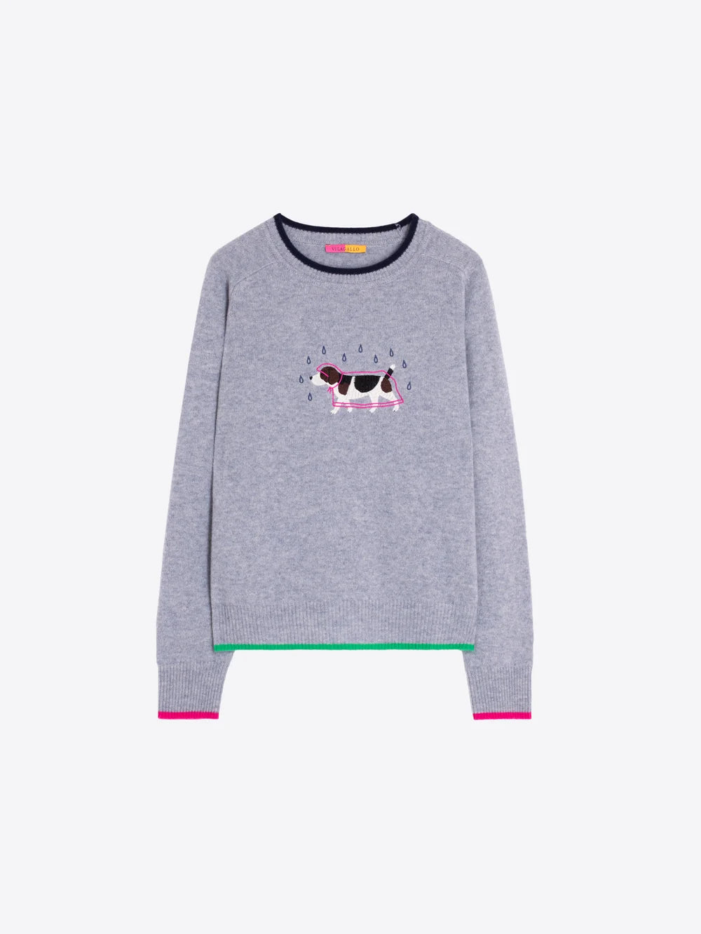 Grey Merino Wool Sweater with Embroidered Dog