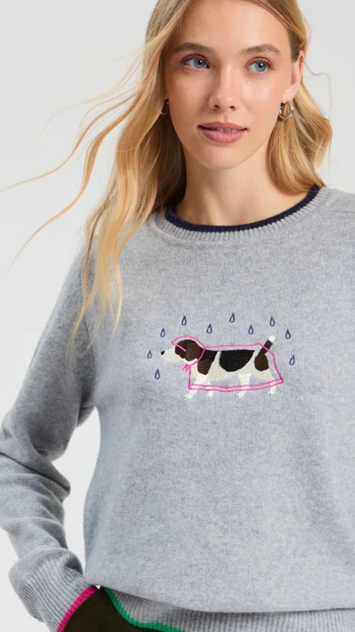 Grey Merino Wool Sweater with Embroidered Dog