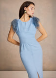 Crêpe dress in sky blue with feather detail
