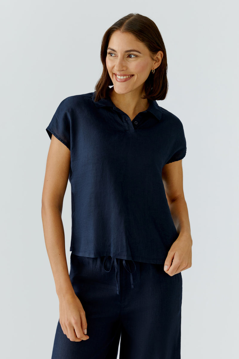 Oui Navy Top with Collar
