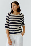 navy and beige striped sweater