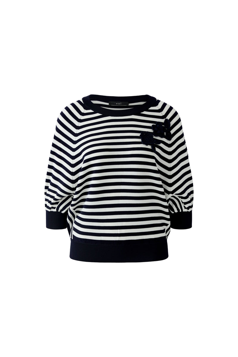 Navy and White Striped Top with Crochet Detail