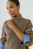 Taupe Sweater with Blue and White Trims