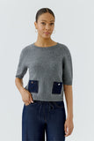 Grey Sweater with Denim Pocket