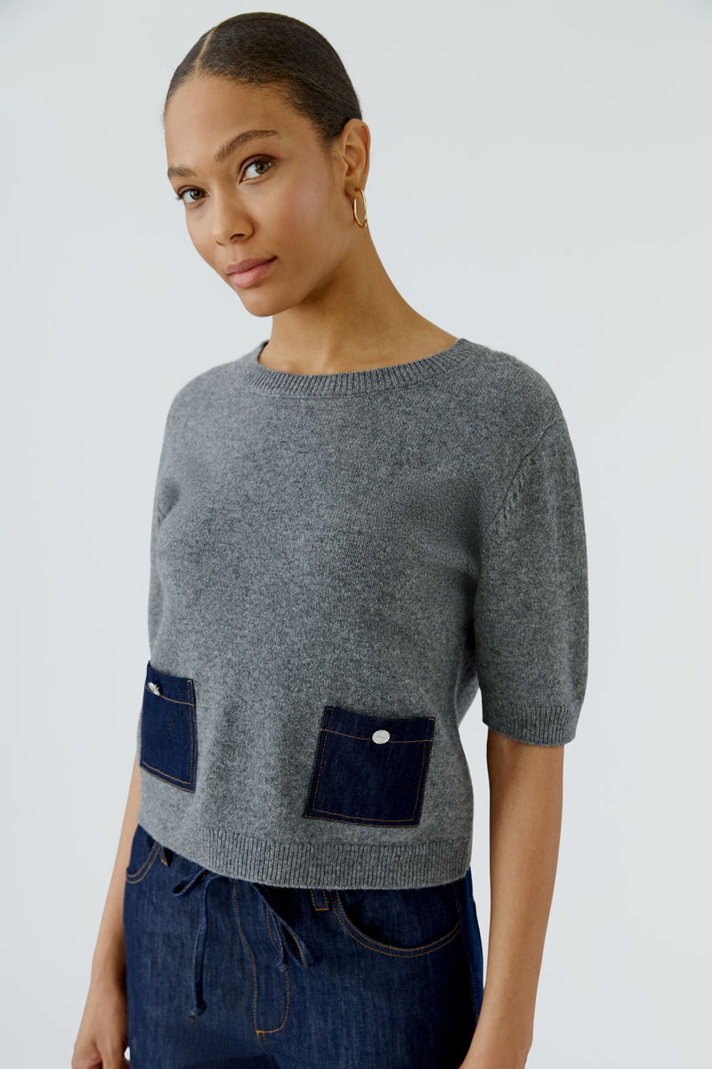 Grey Sweater with Denim Pocket