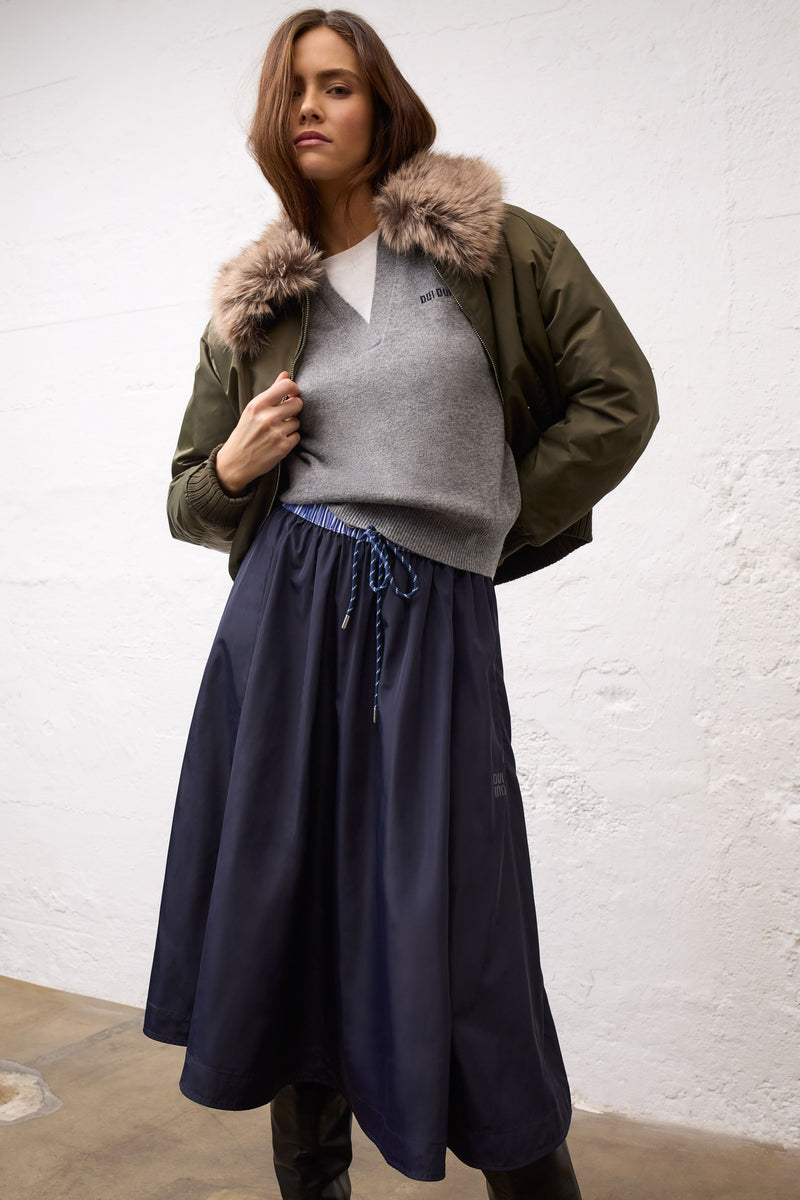 Navy Skirt with Striped Wasitband