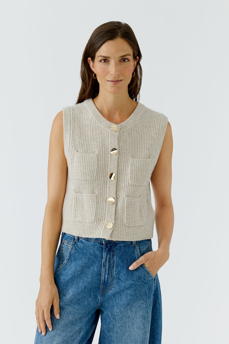 Beige Sleeveless with Gold Buttons