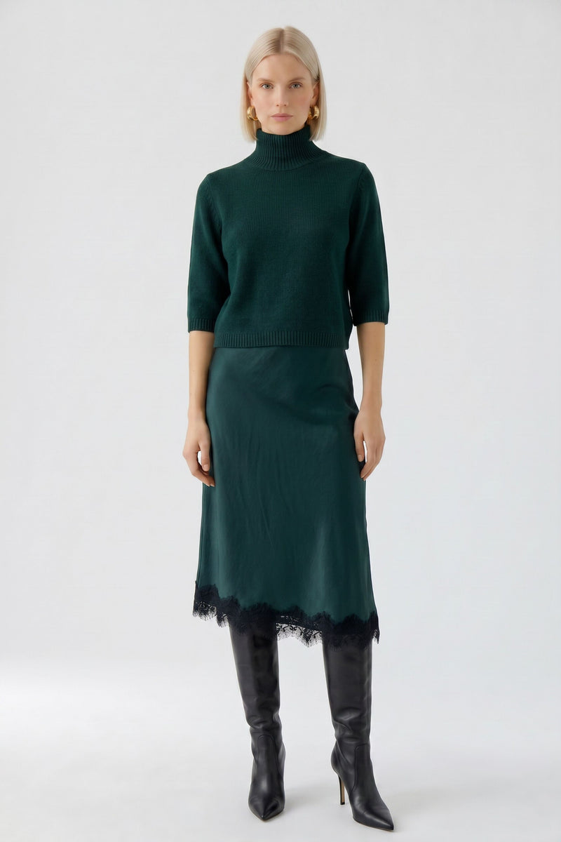 Slipskirt with Asymmetric Hem in Bottle Green