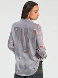Fine pinstripe shirt in navy and white decorated with hotel inspired pattern