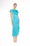 Satin effect pencil dress in turquoise with floaty overlay