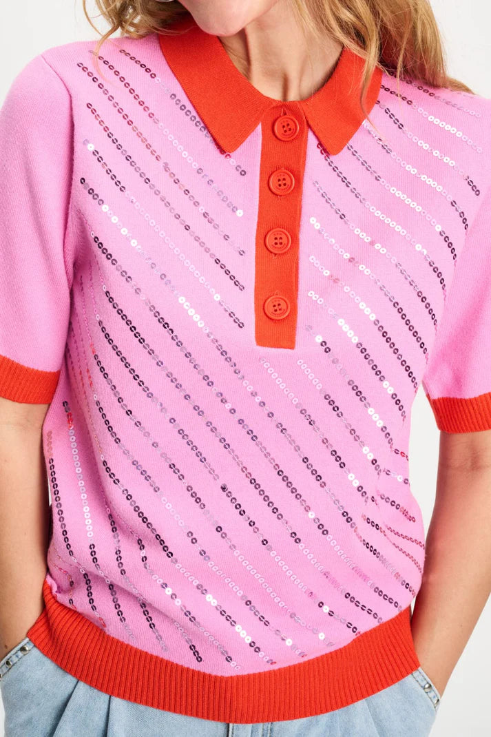 Cheering Pink Sequins Polo Top