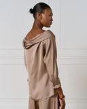 Taupe satin blouse with cowl neckline
