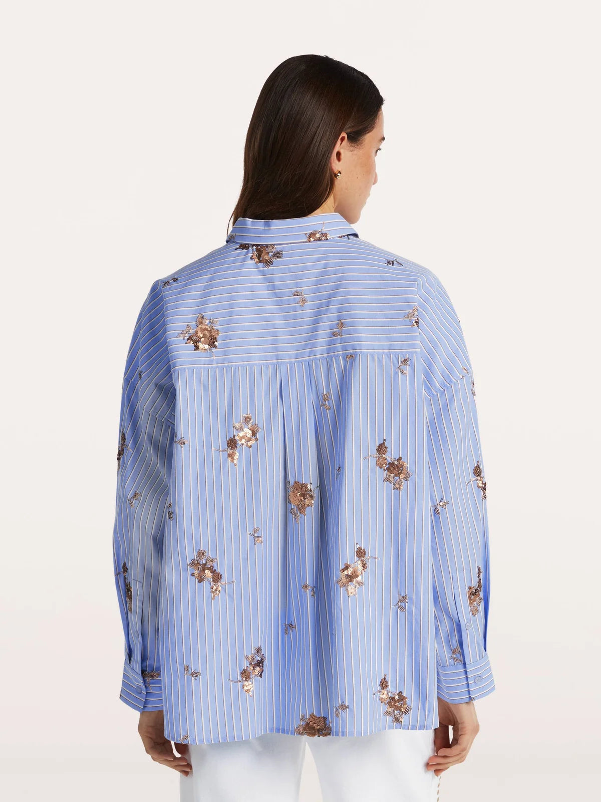 Blue striped shirt with sequin detail in taupe