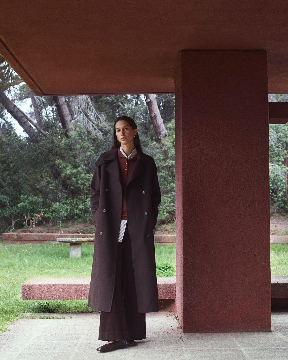Handmade long double breasted coat in dark brown