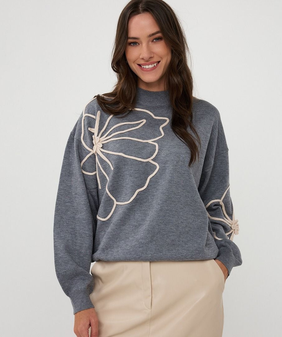 Grey Melange Sweater with Cremam Floral Piping