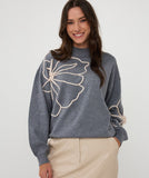Grey Melange Sweater with Cremam Floral Piping