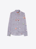 Fine pinstripe shirt in navy and white decorated with hotel inspired pattern